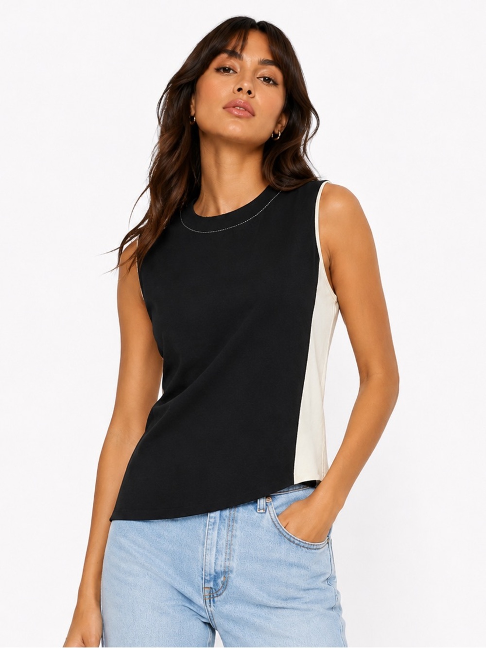 Zara Basic Black & Cream Colorblock Sleeveless Asymmetrical Top Size Small
